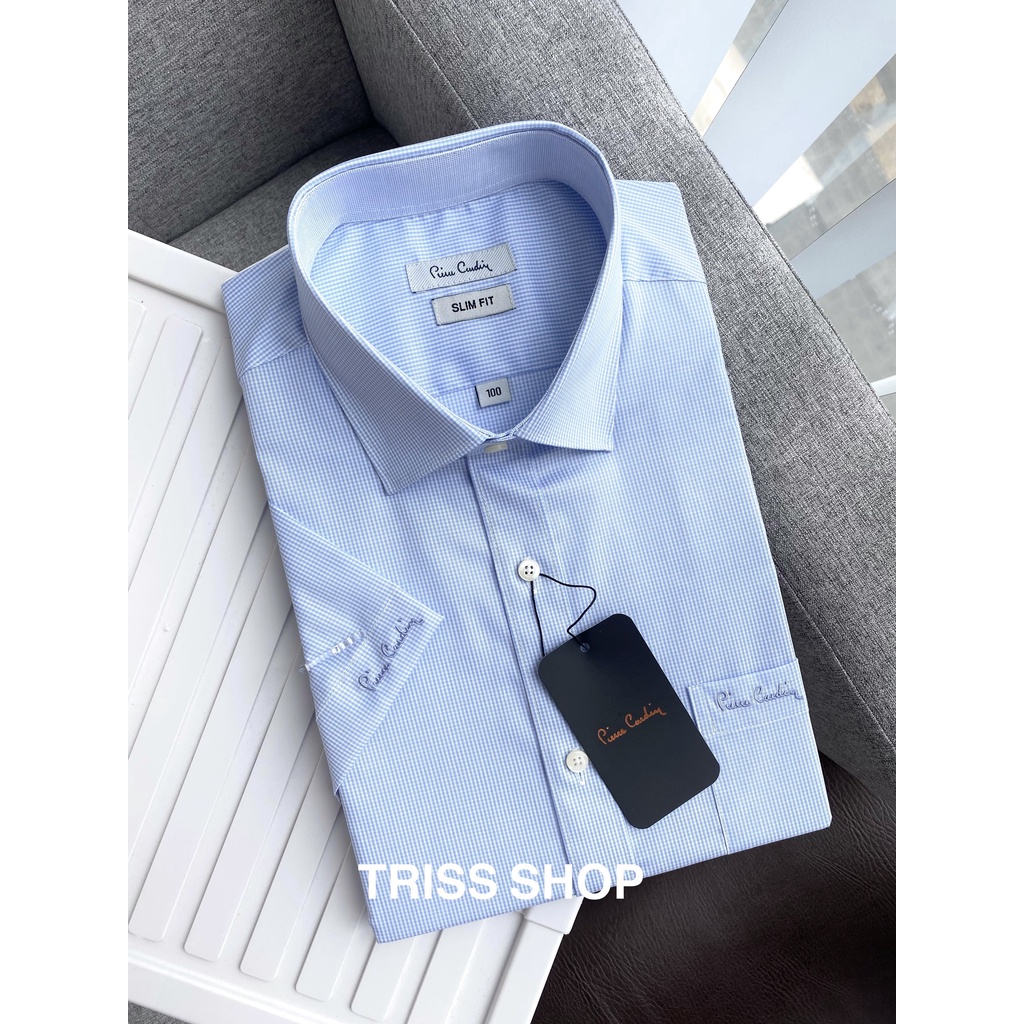 Áo sơ mi nam tay ngắn họa tiết cao cấp Pierre Cardin 12 xuất Hàn chất cotton không nhăn form slim