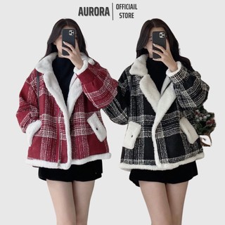 Áo khoác dạ lót lông kẻ caro phối bo đai cổ siêu dày AURORA