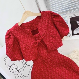 Set đầm 2 dây+ áo cột nơ đỏ - Chitchitstore