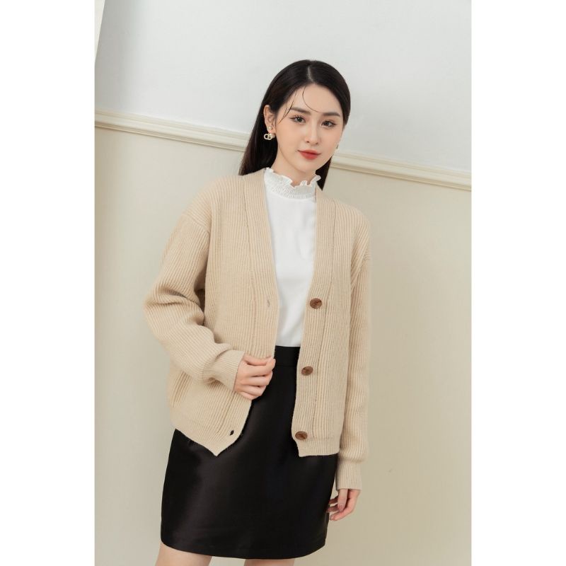 Áo cardigan cổ V TIINSTORE freesize màu kem