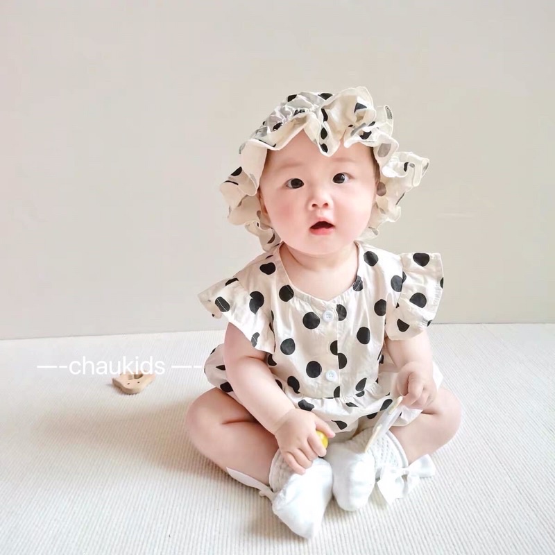 Set body chip chấm bi kèm mũ bèo siêu xinh cho bé gái, chất đũi mềm thoáng mát