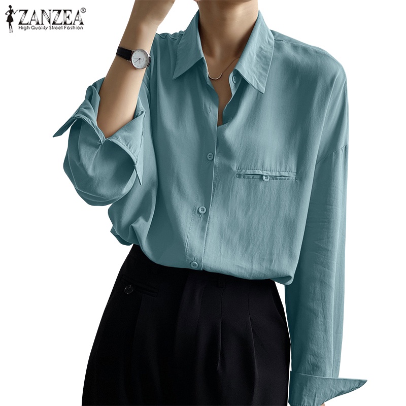 ZANZEA Áo Sơ Mi Nữ Tay Dài Cổ Bẻ Thời Trang Hàn Quốc