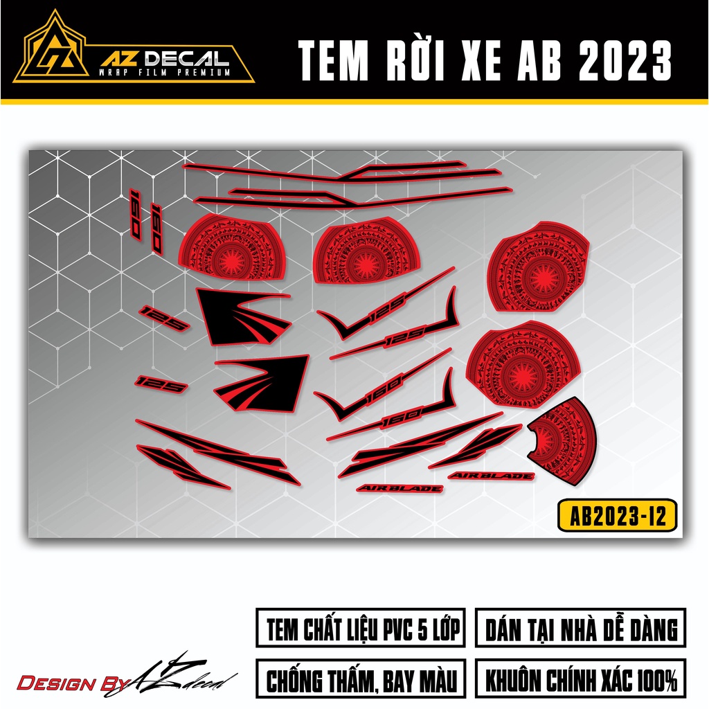 Tem AirBlade 2023 Thiết Kế Trống Đồng Phá Cách | AB2023-12 | Team Decal Hình Dán Xe Máy AB Air Blade 125 160 Đen Đỏ Xanh