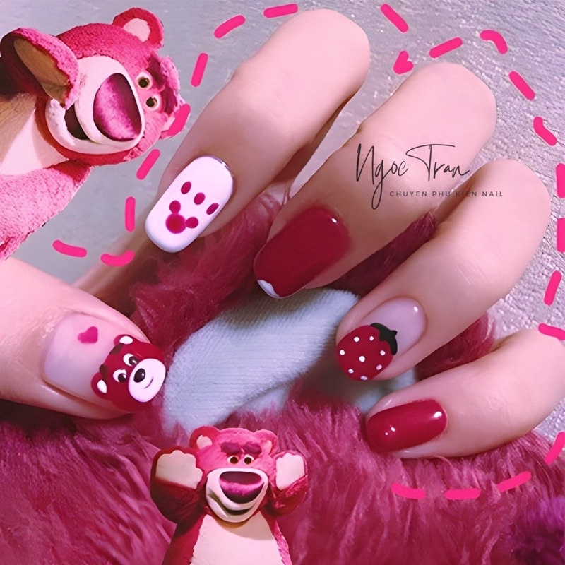 Sticker dán móng tay nail Gấu dâu và Thỏ hình thú dễ thương