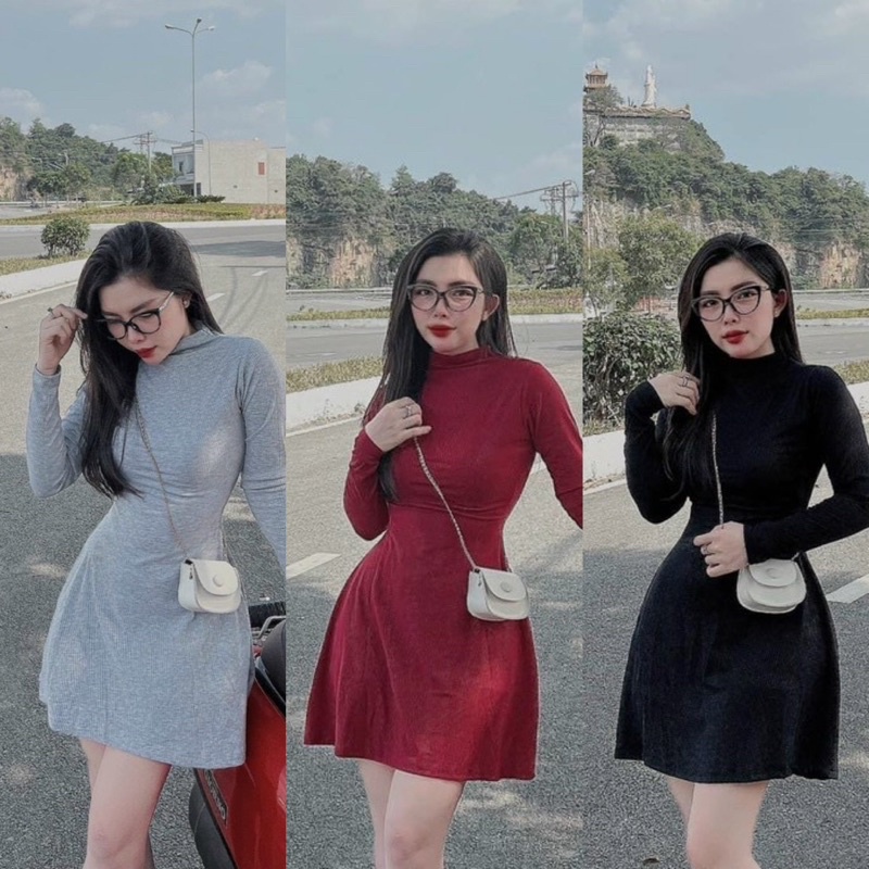 Set Đầm Dáng Ngắn Gân Xoè Tay Dài Cổ Lọ Kèm Quần Short