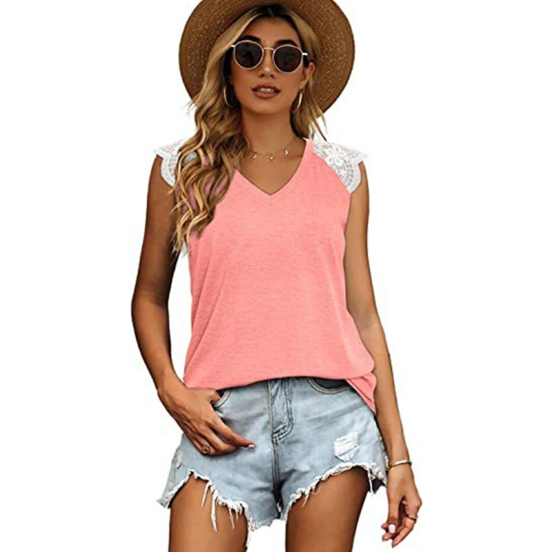 Áo Thun Tay Ngắn Cổ Chữ V Phối Ren Thời Trang Mùa Hè Cho Nữ