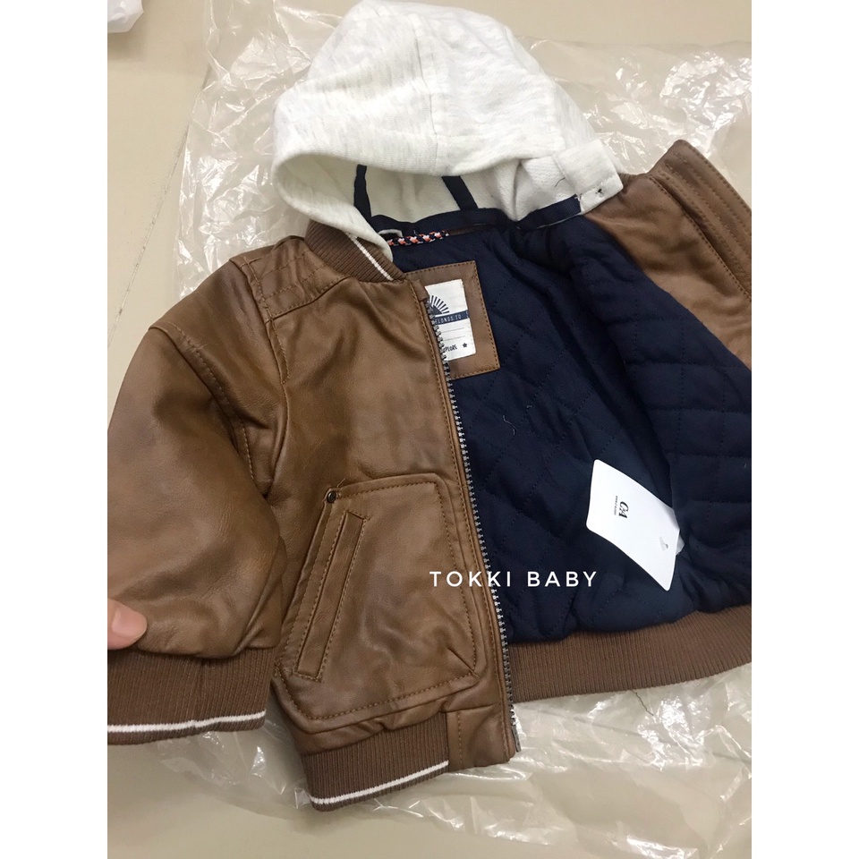 Áo khoác da biker màu nâu có mũ cho bé trai ACA005