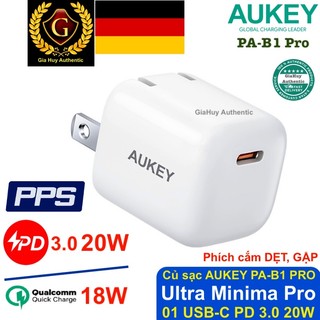 Củ sạc nhanh AUKEY Ultra Minima PA-B1 PRO 20W Power Delivery/ PPS - Hàng chính hãng, bảo hành 12 tháng