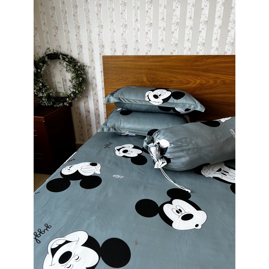 Bộ ga thun lạnh Mickey xám 4 món ga thun hàn quốc chuyên dra thun lạnh đủ kích thước ga nệm 1m6, 1m8