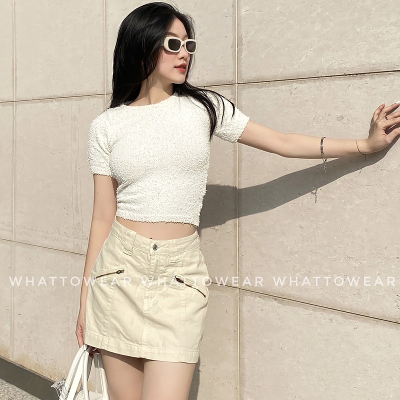 Chân váy ZIP denim màu Kaki/Kem/Den cạp hạ có quần bảo hộ khoá kéo giả