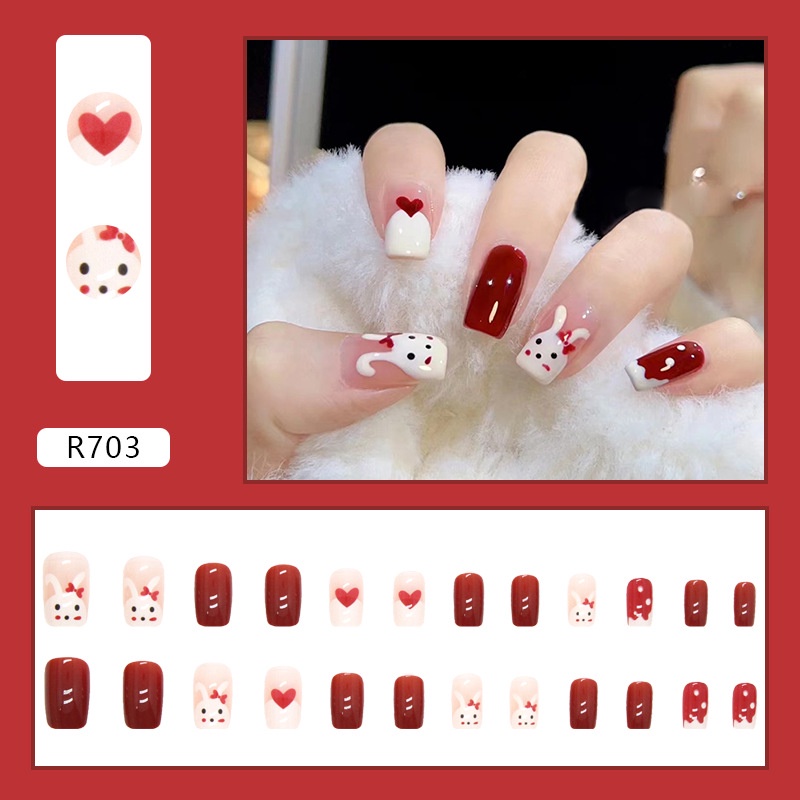 Hộp 24 Móng Tay Giả Hình Vuông Màu Đỏ / Trái Tim R703