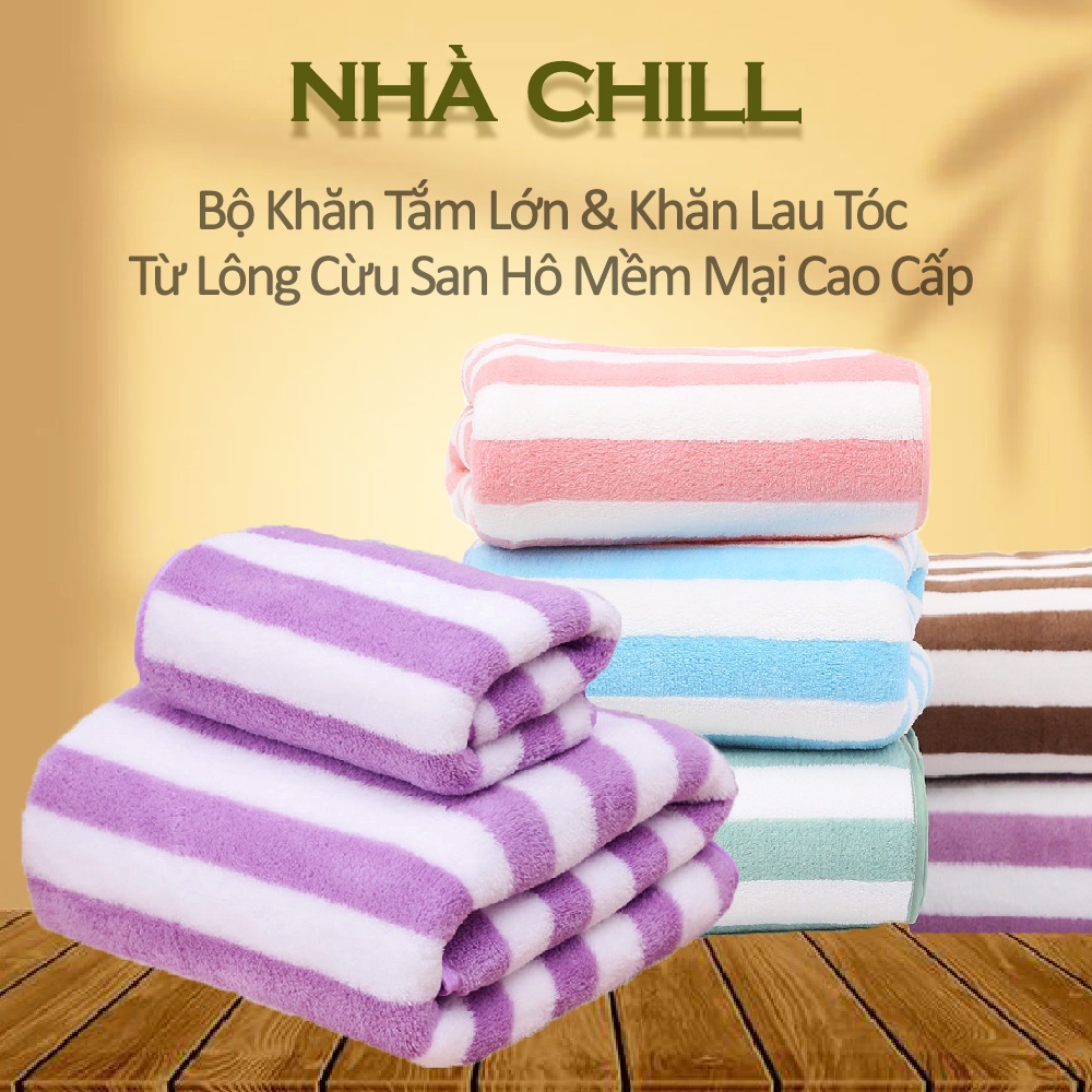 Bộ Khăn Tắm Lớn & Khăn Gội Đầu Vải Nhung Dệt Kim Cao Cấp Siêu Mềm Mịn Màu Trắng Sọc Tím
