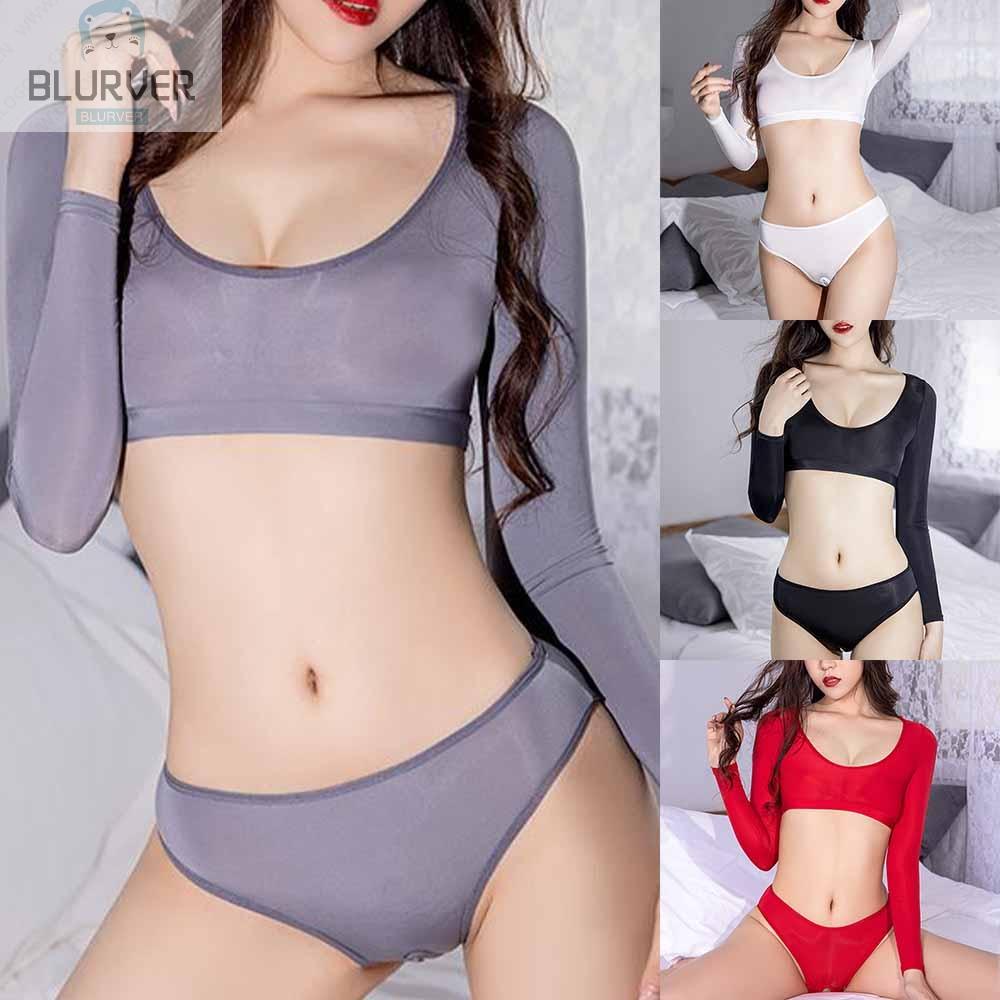 Bộ Đồ Lót Áo Tay Dài Phối Quần Short Vải Ni Lông Đính Kim Tuyến Lấp Lánh Gợi Cảm Cho