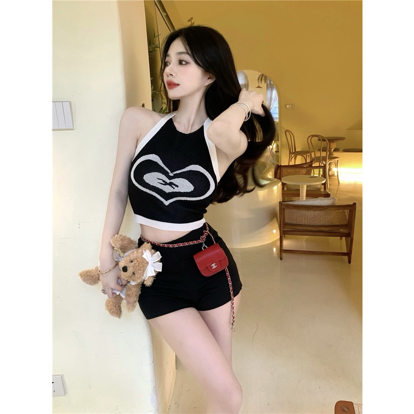 HUANG YOYO Áo Croptop Dệt Kim Sát Nách In Hình Trái Tim Quyến Rũ Thời Trang Hàn Quốc 2023 Cho Nữ