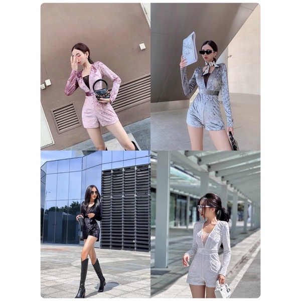 (Hình thật sản phẩm) Jumpsuit nhung short tay dài phối lưới sang chảnh Yn 1658 Hm2t