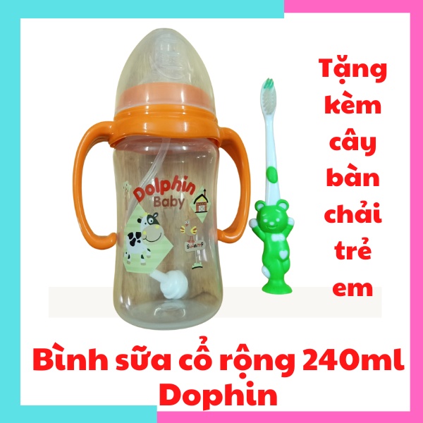 Bình sữa cổ rộng Dophin bình sữa cổ rộng cho bé 240ml núm vú siêu mềm, chống sặc, chống đầy hơi cho bé (không BPA)
