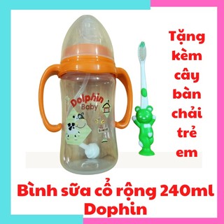 Bình sữa cổ rộng Dophin bình sữa PP 240ml cho bé núm vú siêu mềm, chống đầy hơi tặng kèm bàn chải trẻ em