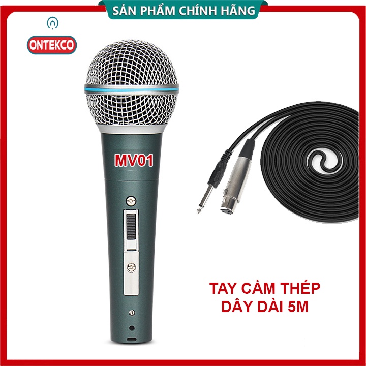 Micro hát karaoke MV01 Ontekco dây dài 2M hoặc 5M  tay cầm thép chắc chắn cao cấp