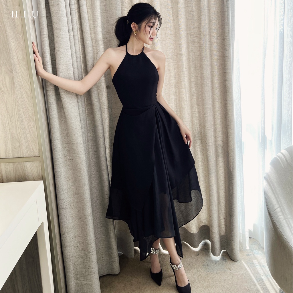 Váy yếm nữ midi thắt Nơ dây AGI Dress H.I.U Fashion , thiết kế dự tiệc dáng bồng nhún voan 3 lớp HIU design