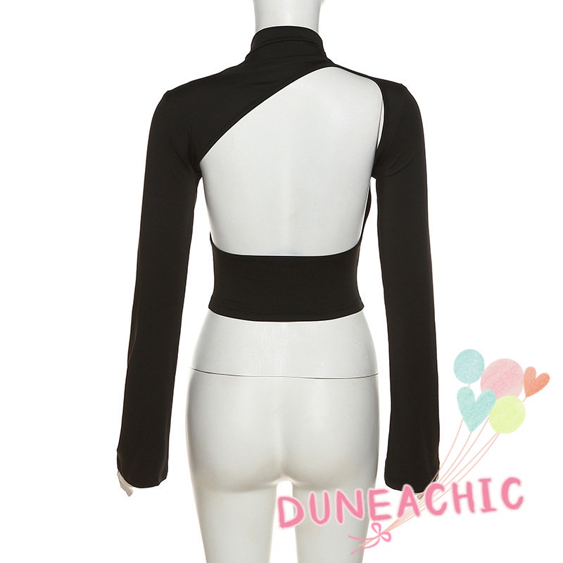 DUNEA Áo Thun Tay Dài Cổ Cao Hở Lưng Màu Trơn Phong Cách Thời Trang Đường Phố Cho Nữ