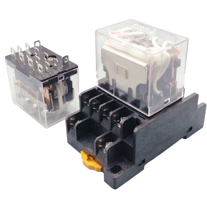 Rơ le LY4N-J 14 trung gian chân dẹp lớn có đèn điện áp 12VDC, 24VDC, 220VAC kèm chân đế PTF14A