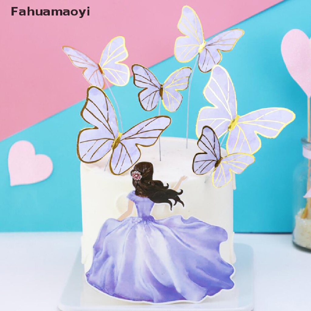 < Fahuamaoyi > Set 7 Que Cắm Trang Trí Bánh Kem Sinh Nhật Hình Bướm Màu Vàng Kim