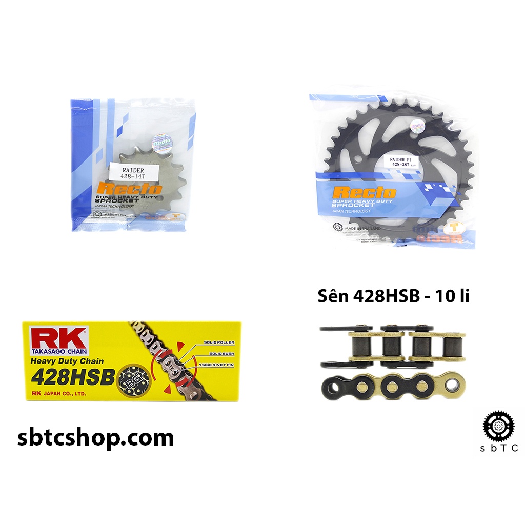 NSD Nhông dĩa RECTO sên RK đen vàng 428HSB Suzuki Raider Satria chính hãng