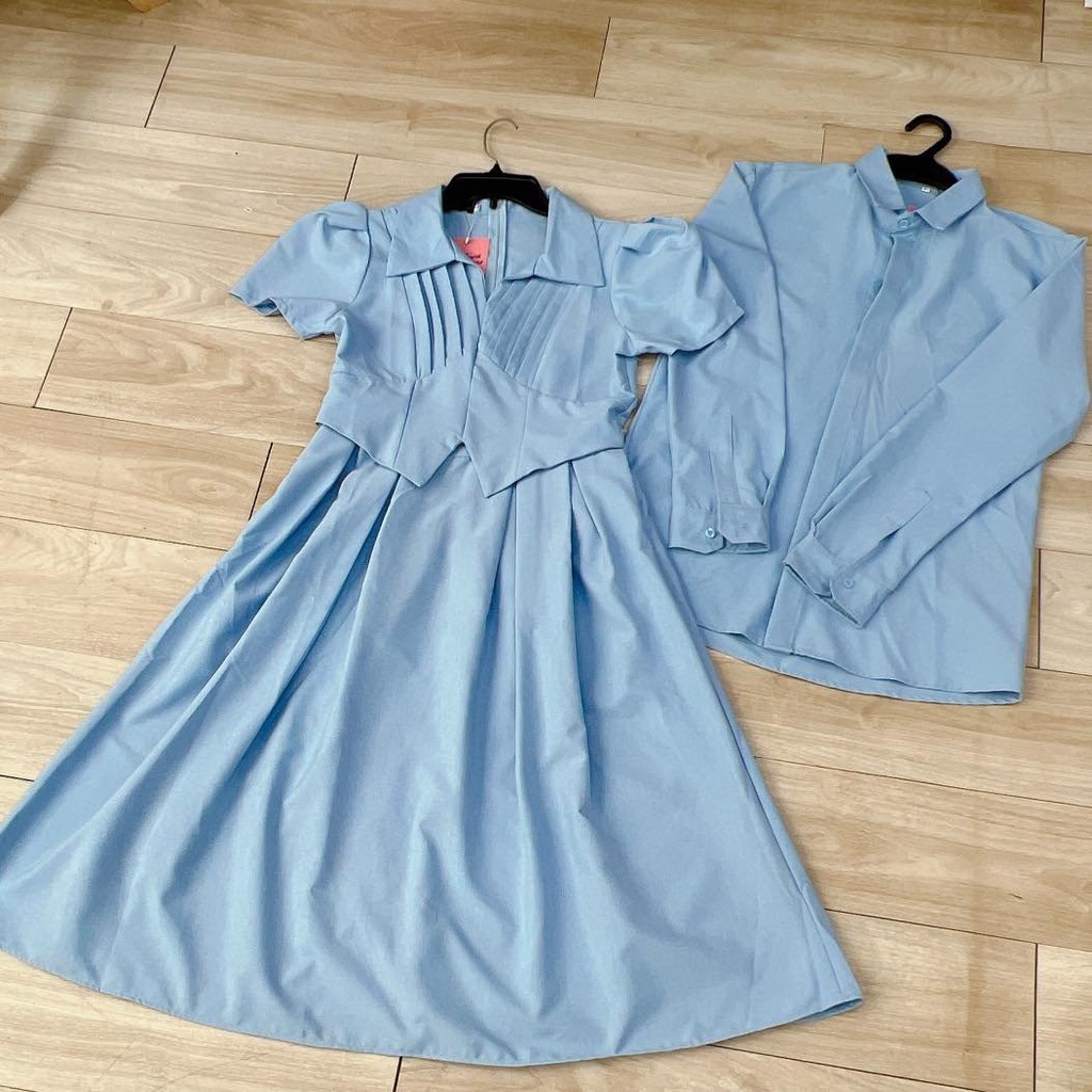 (Có Bigsize) Áo váy đôi xanh xếp ly eo phối độc đáo vải dày dặn thanh lịch - Tiệm Đồ Đôi | Forever Couple Store