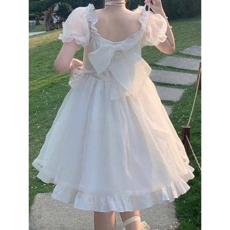 Đầm loli thắt nơ dáng ngắn 2 lớp dễ thương ☁️