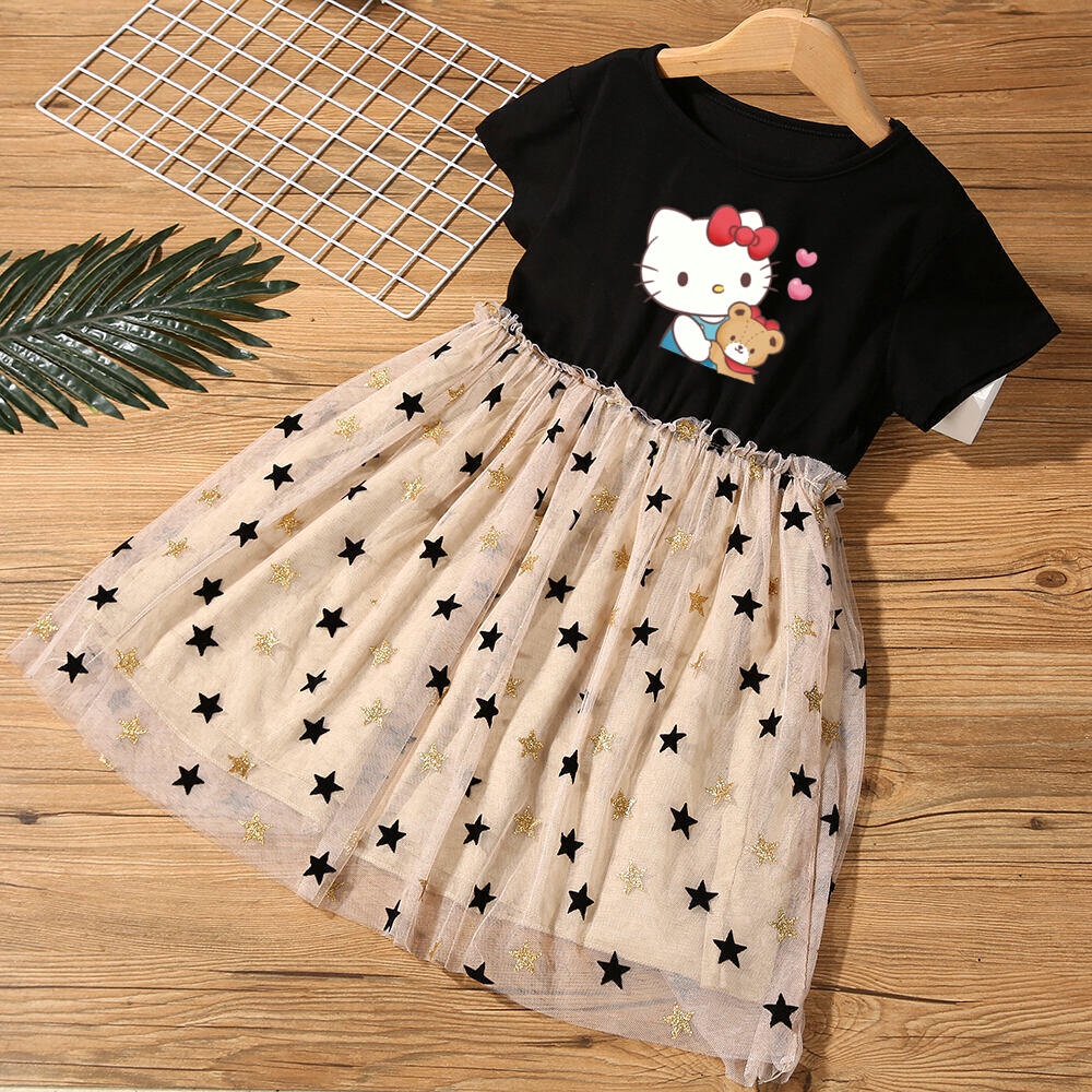 Đầm Công Chúa Tay Ngắn In Họa Tiết Hoạt Hình Mèo kitty Dễ Thương Thời Trang Mùa Hè Cho Bé Gái