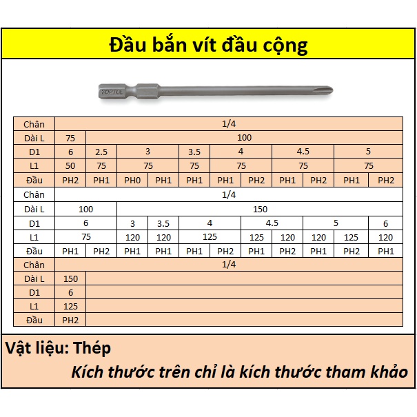 Đầu bắn vít đầu cộng chân 1/4  dài 50-75mm