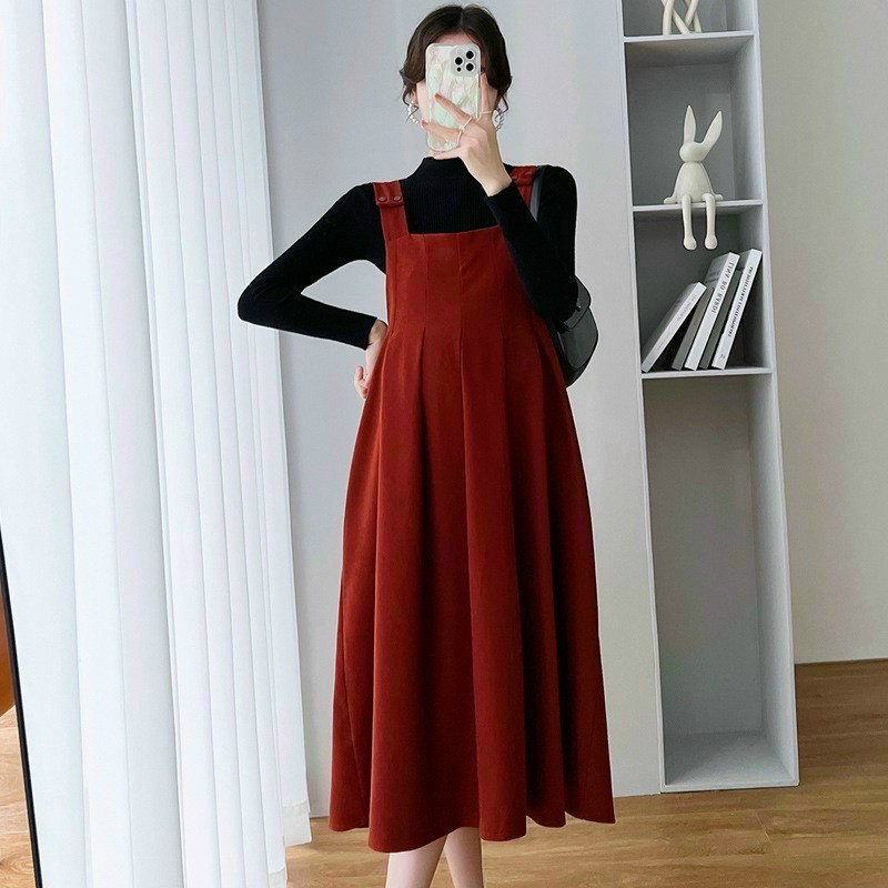 Váy bầu mùa thu đông công sở Dambauxinh-L1154 Yếm bầu thiết kế hai dây chất dạ dày dặn đẹp