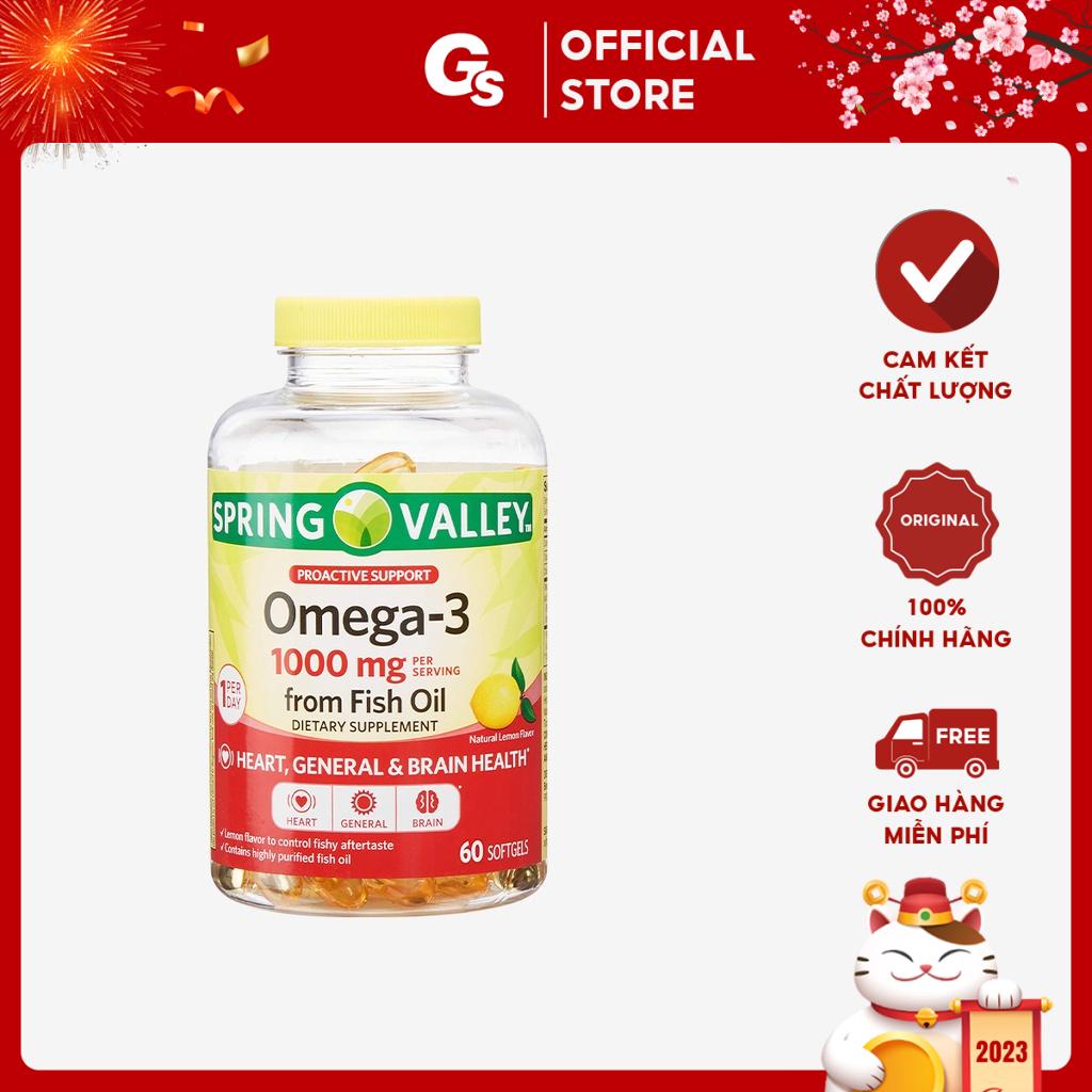 Dầu cá Omega 3 Spring Valley Fish Oil 1000mg nhập khẩu Mỹ phân phối chính hãng GymStore, hỗ trợ đẹp da, tốt cho trí não