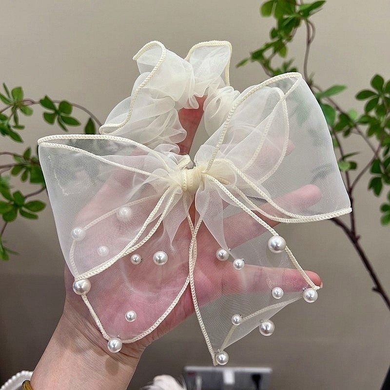 Dây Buộc Tóc Cao Su Co Giãn Đính Hạt Ngọc Trai Và Nơ Phong Cách Mới Cho Nữ