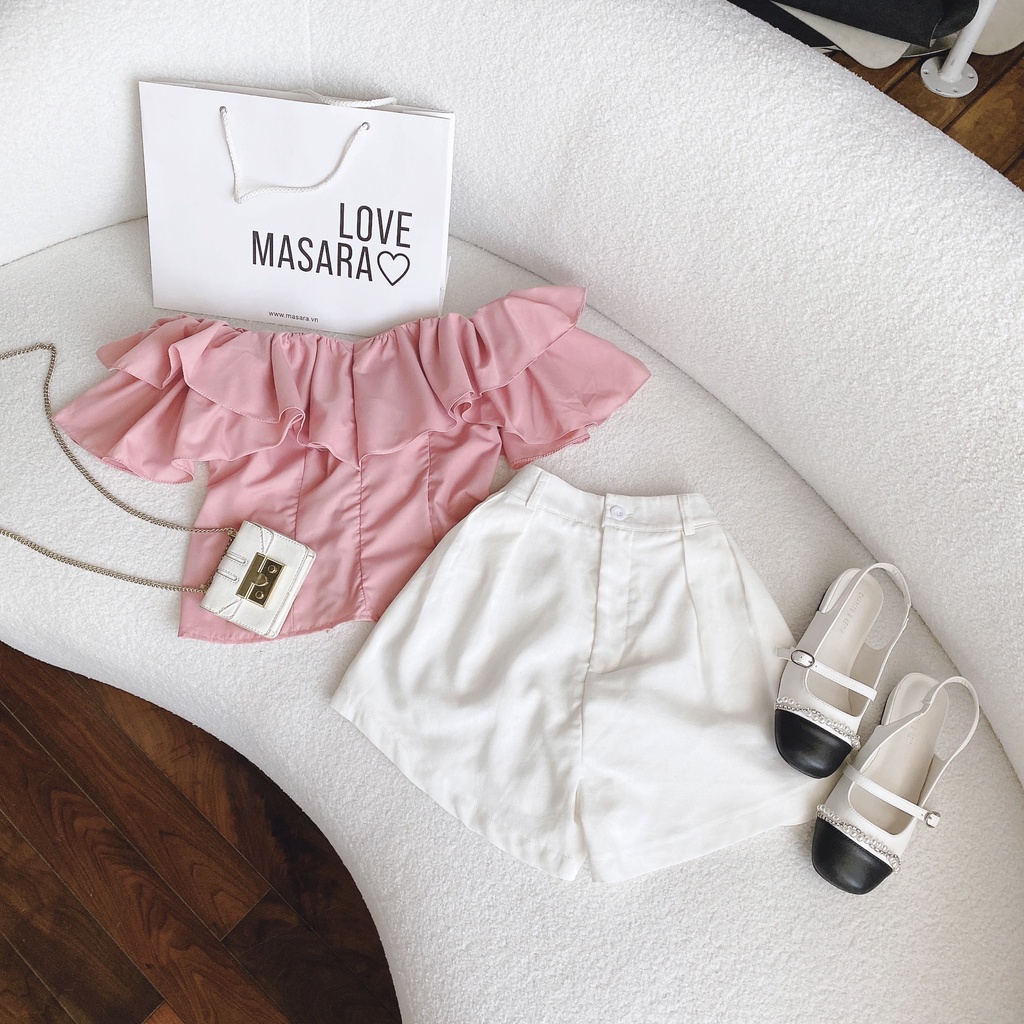 SET ÁO CROPTOP BÈO HỒNG BẸT VAI TẦNG + QUẦN SHORT TRẮNG