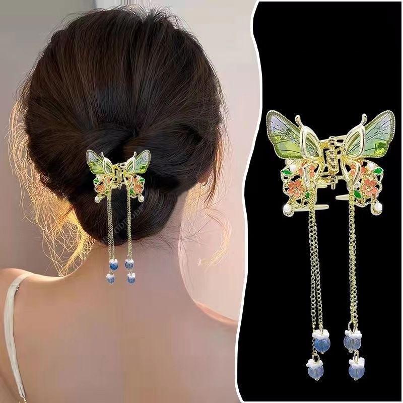 PVN57585 Kẹp Tóc Tua Rua Hình Bướm Đính Pha Lê Sang Trọng Phong Cách Hàn Quốc