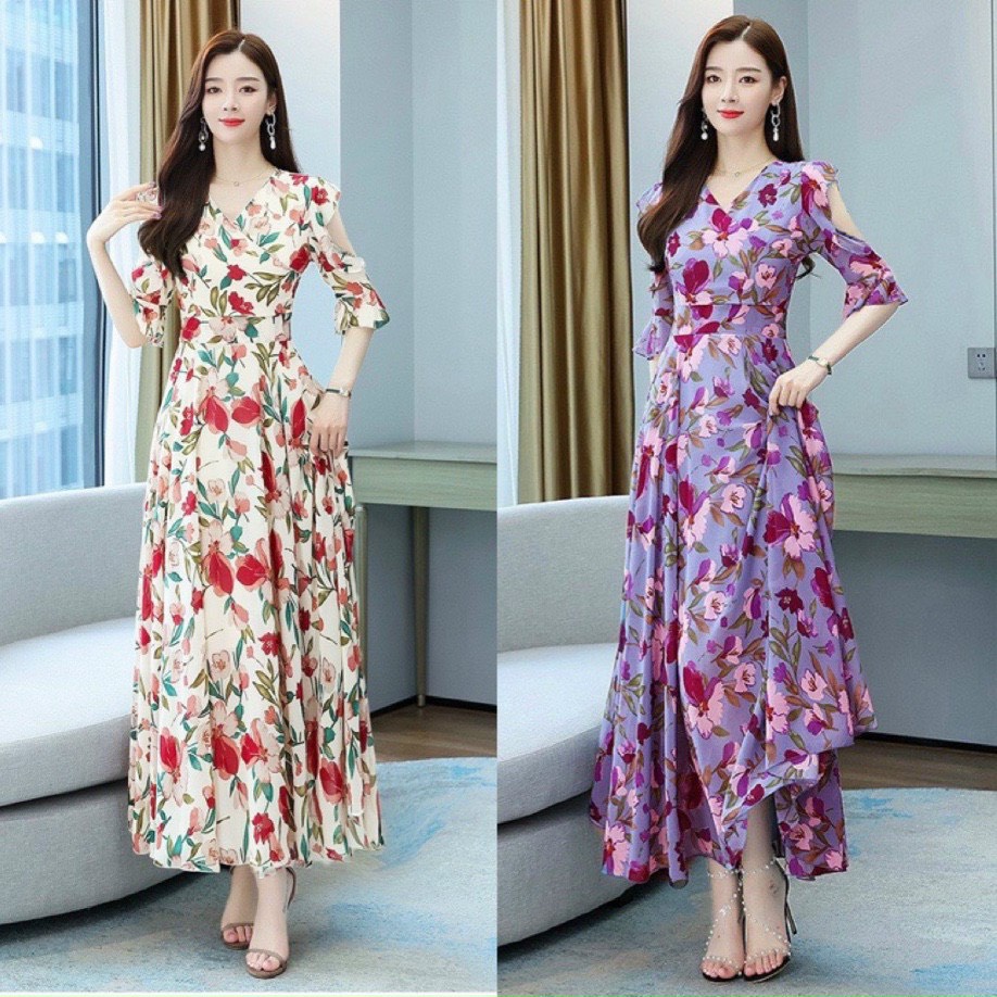 Váy đầm maxi váy đầm dài đi biển dạ hội chất voan hàn quốc loại 1 có size M,L,XL