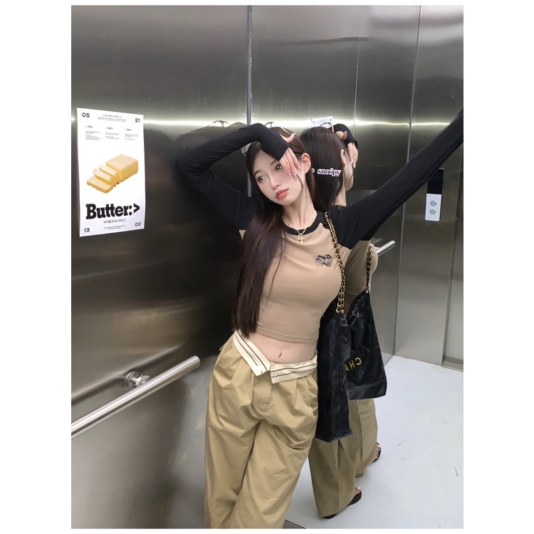 Áo Thun Tay Ngắn Dáng Ôm In Họa Tiết Màu Sắc Tương Phản Thời Trang Mùa Thu