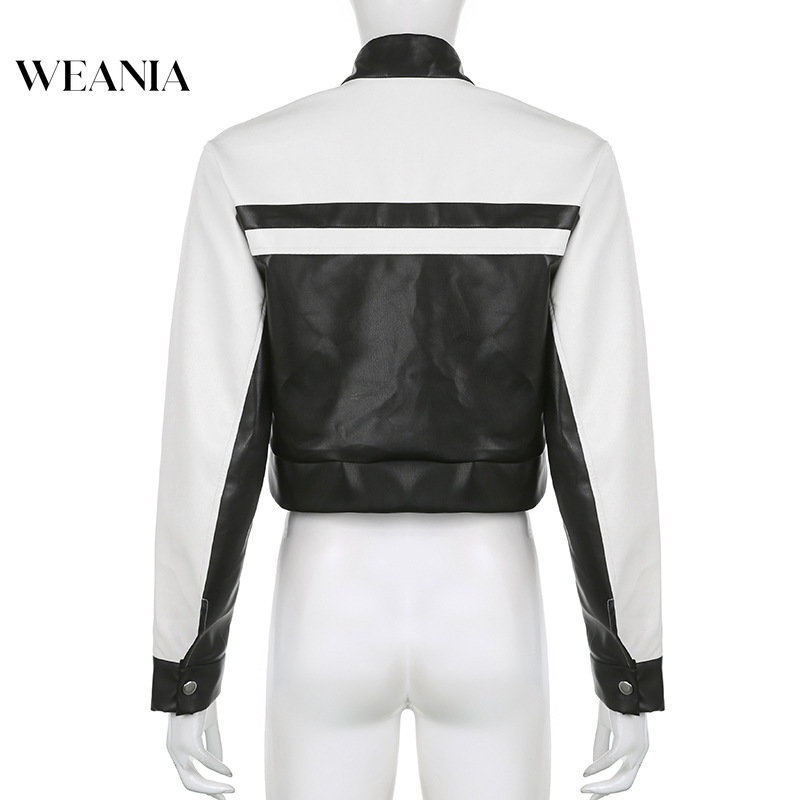 Áo Khoác Da PU Tay Dài Cổ Cao Cài Nút Phối Màu Cá Tính