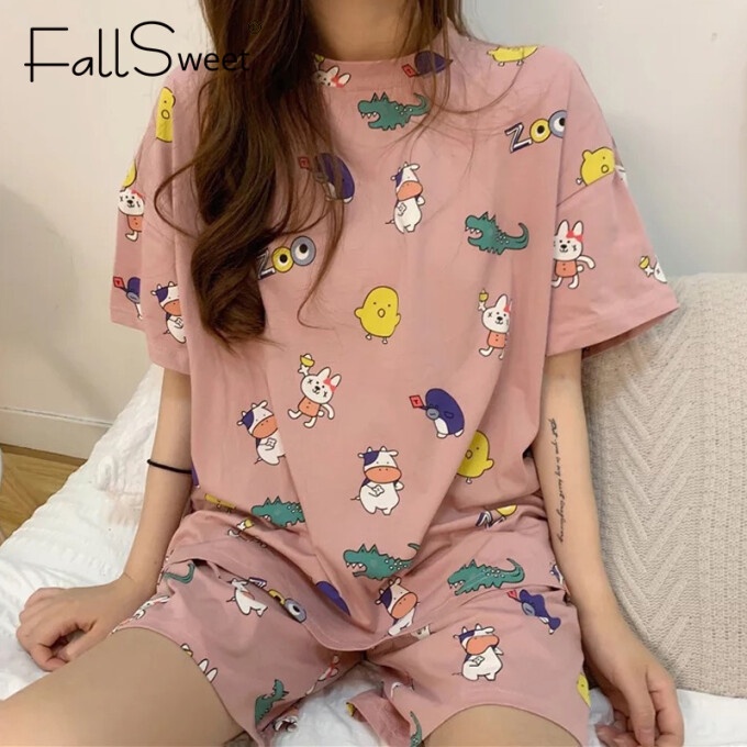 FallSweet Bộ Đồ Ngủ Ngắn 2 Món In Họa Tiết Hoạt Hình Dễ Thương Thời Trang Mùa Hè Cho Nữ