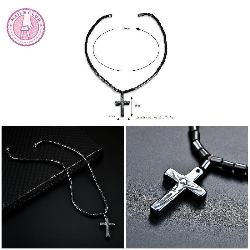 Vòng cổ Đá Hematite Màu Đen Từ Tính Mặt Thánh Giá Thời Trang Cho Nam Và Nữ