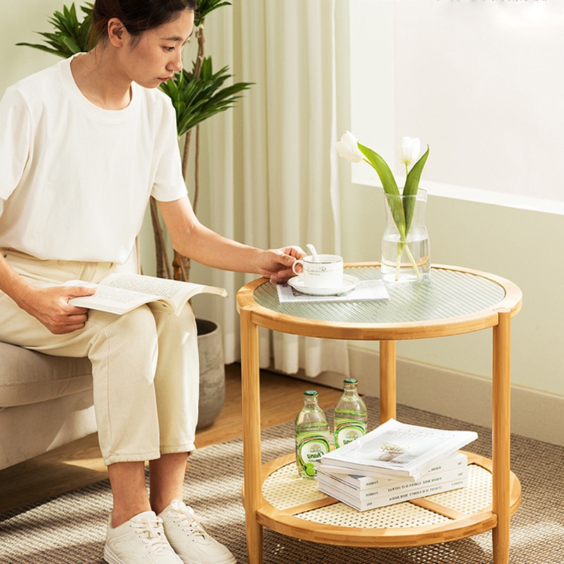 Bàn trà tròn 2 tầng mặt kính gỗ tre sang trọng, bàn cà phê ngồi ban công uống trà, bàn sofa NIKIATA