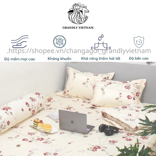 Bộ chăn ga gối (4 món) cao cấp Grandly Vietnam chính hãng vải bông hoạ tiết đa dạng, độc quyền, siêu bền đẹp