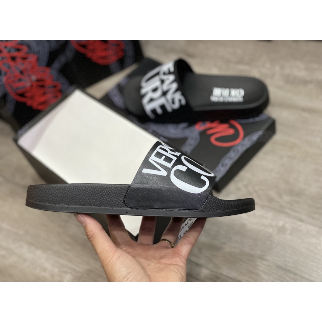Dép Nam Versace Jeans Couture Logo Slippers In Black Màu Đen