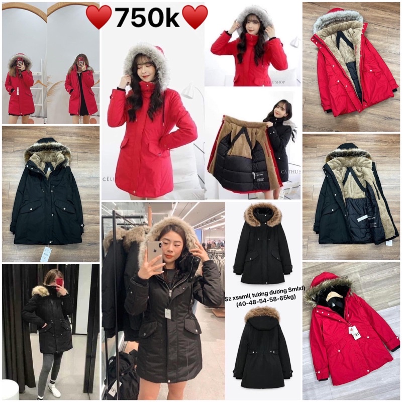 Áo phao kaki parka đỏ lót lông siêu ấm