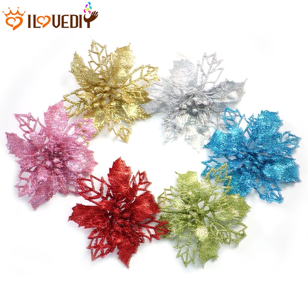 Set 5 Bông Hoa Nhân Tạo Lấp Lánh Trang Trí Giáng Sinh / Năm Mới