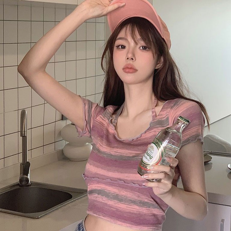 Áo thun XINLANYASHE ngắn tay họa tiết sọc ngang thời trang dành cho nữ