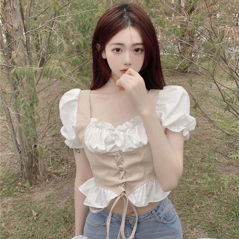 Áo kiểu XINLANYASHE cổ vuông phối màu sắc tương phản thời trang quyến rũ cho nữ