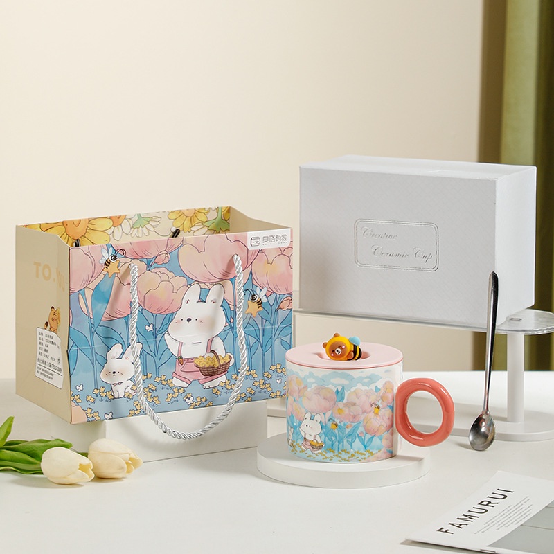 Cốc ly sứ Healing Stories có nắp, thìa kèm túi quà dễ thương Cốc Cốc dùng để uống nước, pha trà, cà phê, quà tặng bạn bè