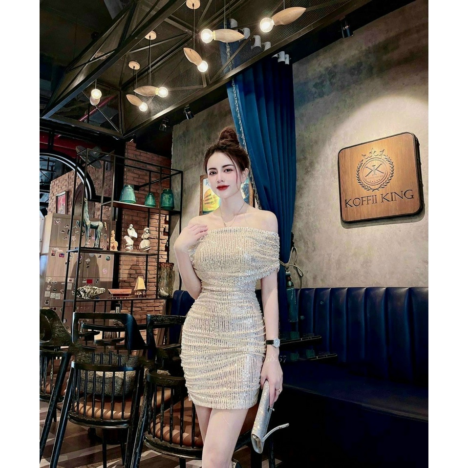 siêu phẩm đầm dự tiệc đầm kim sa trễ vai dáng váy ngắn ôm siêu xin sò lấp lánh cực cháy MyMy store